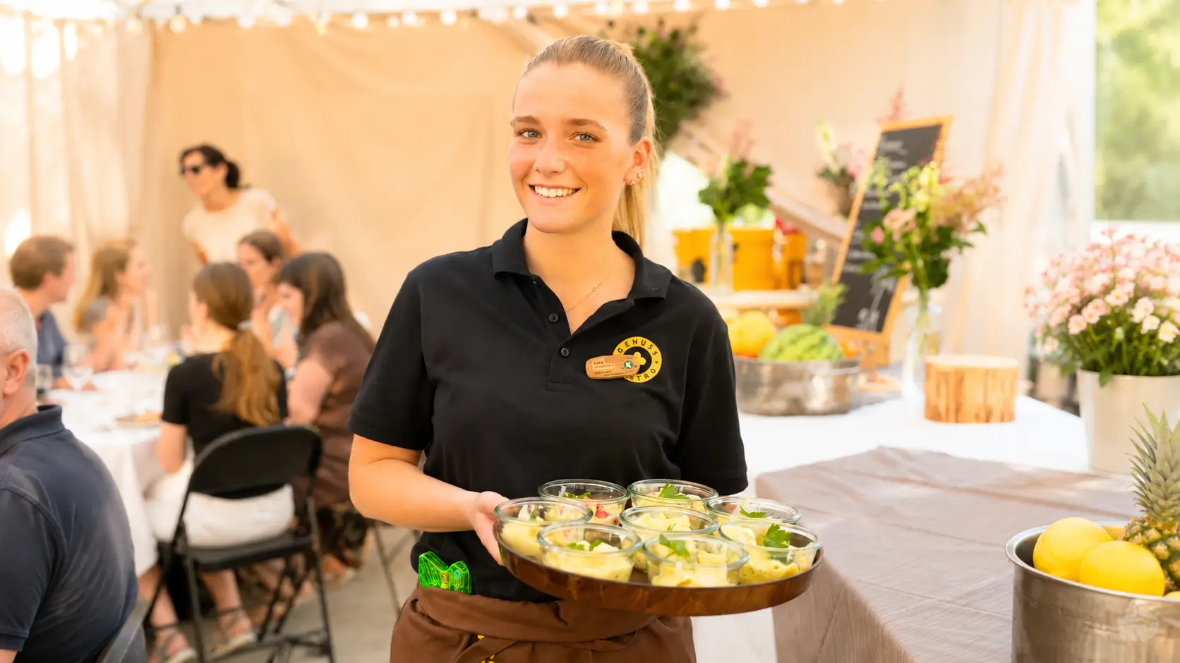 Mitarbeiterin im schwarzen Polo trägt ein Holztablett mit Salatgläschen durch ein Festzelt, im Hintergrund Gäste an gedeckten Tischen