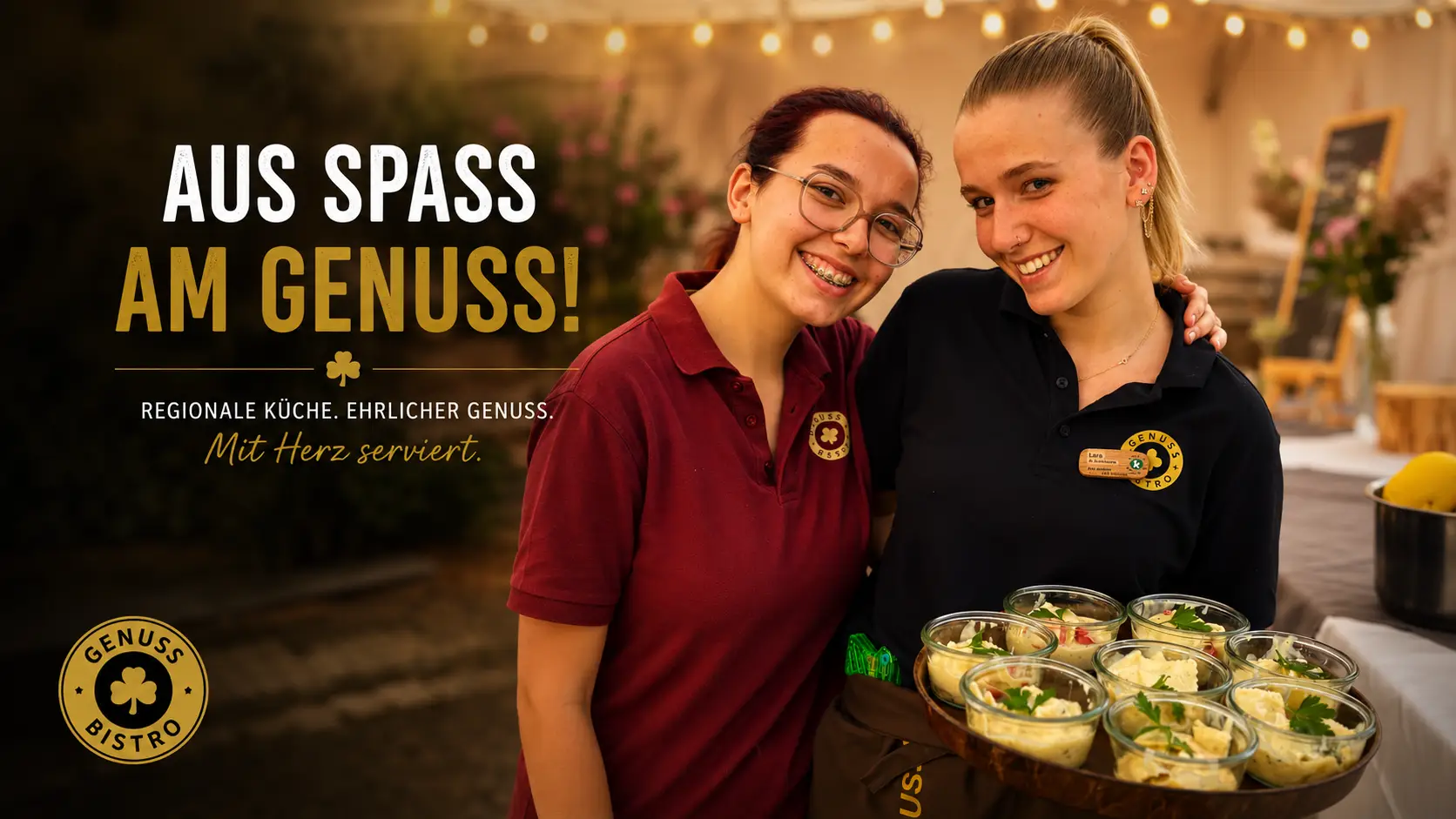 Zwei lächelnde Plus Catering CH Mitarbeiterinnen in Uniform präsentieren Flying Menü Party Catering-Schälchen mit frischen Speisen – Genuss Bistro