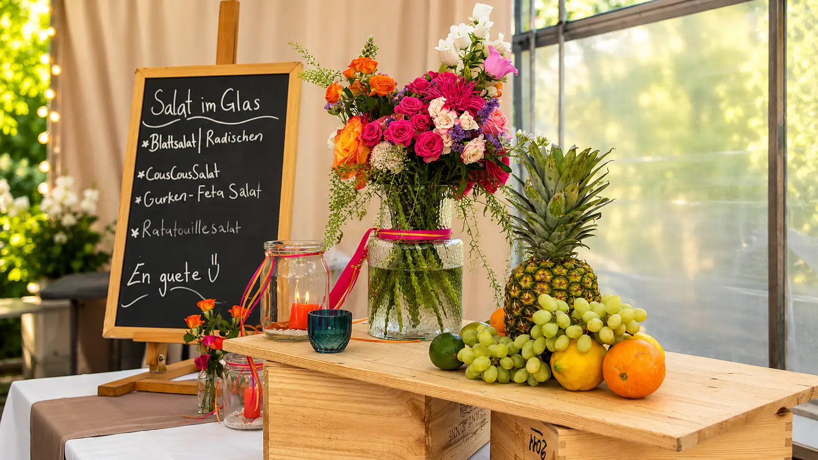 Holzkisten-Station mit Kreidetafel «Salat im Glas», Blumenstrauss, Ananas, Trauben und Orangen vor einer Fensterfront