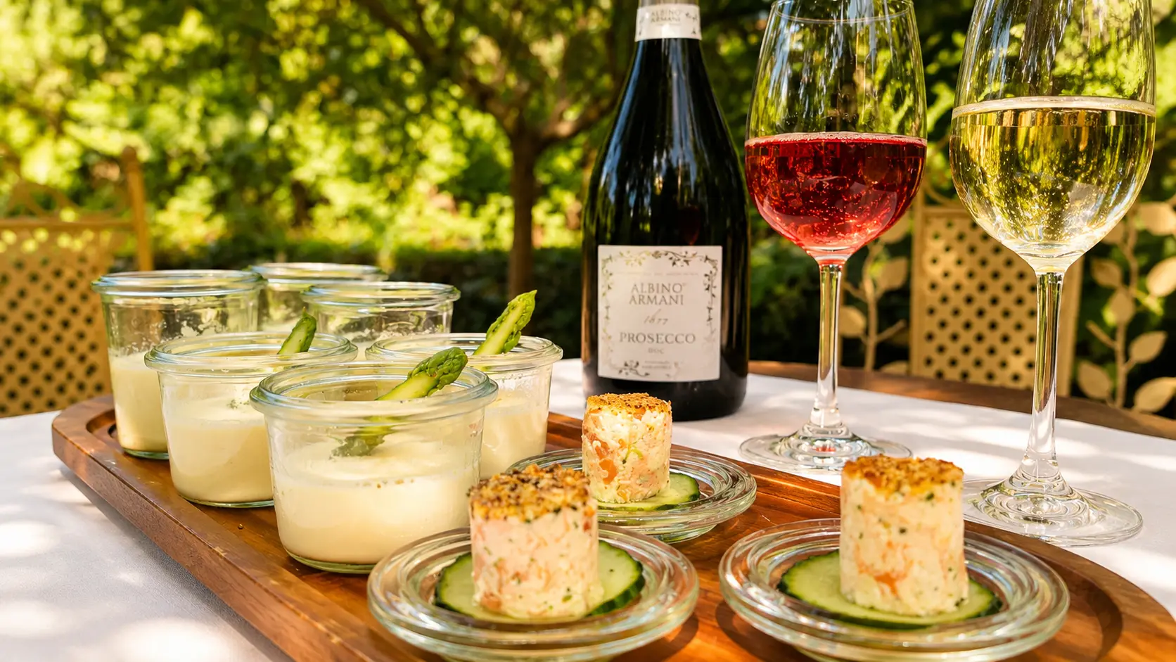 Holzbrett mit Gläsern voller heller Creme und Spargelspitzen, dazu Tatar-Törtchen auf Gurkenscheiben, eine Flasche Prosecco und zwei gefüllte Weingläser im Garten