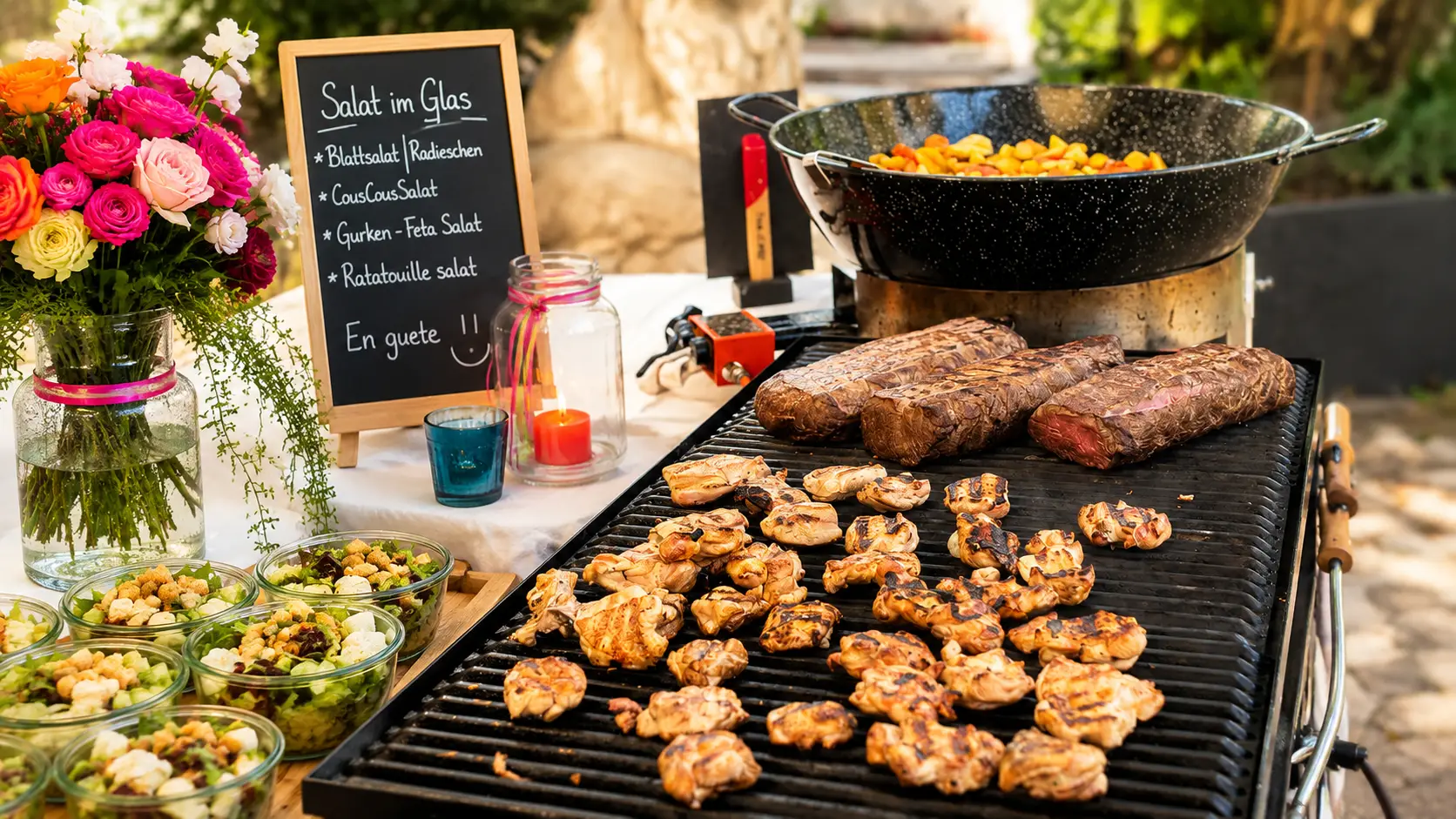 Grill im Freien mit Steaks und Poulet-Spiessen, daneben eine Tafel mit der Salatauswahl