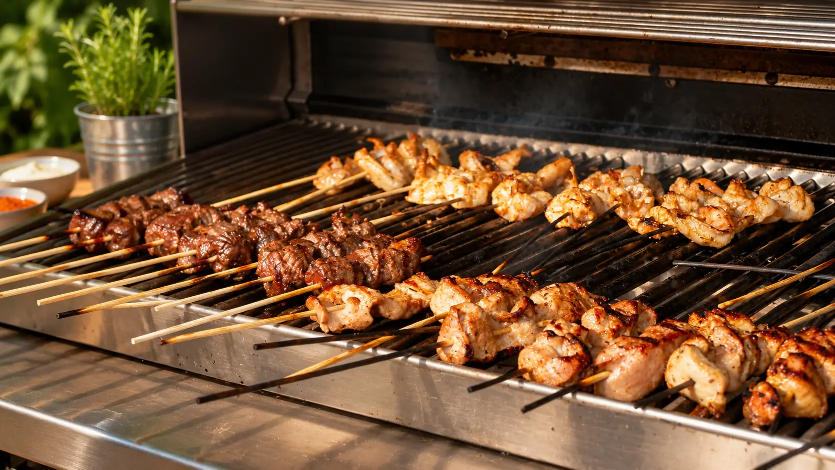 Reihen gegrillter Poulet-Spiesse mit goldbrauner Kruste auf dem Grillrost