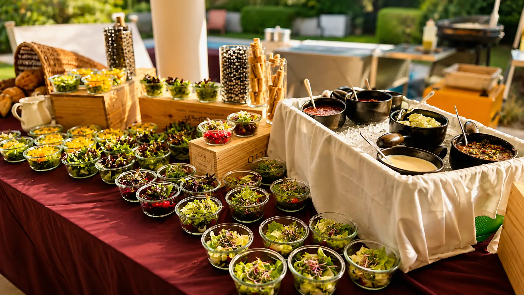 Buffet mit vielen Salatgläschen, Holzkisten, Brot und Warmhaltebehältern auf beerenfarbener Decke im Freien