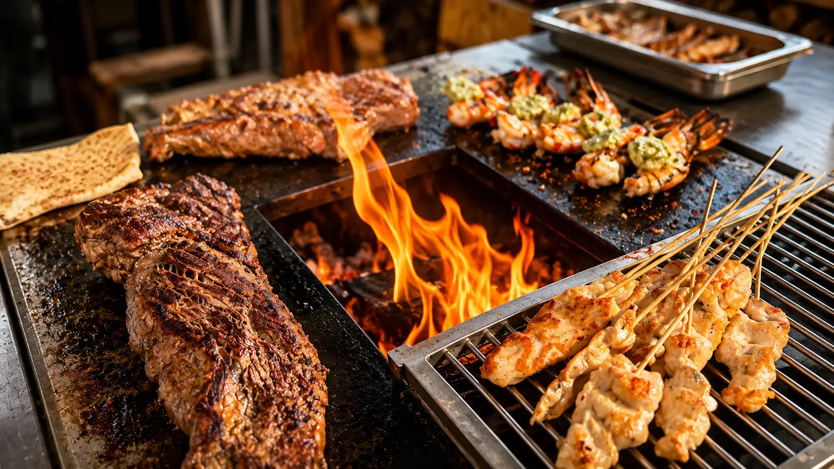 Grill mit offener Flamme, darauf grosse Fleischstücke, Poulet-Spiesse und ein Blech mit weiteren Spiessen