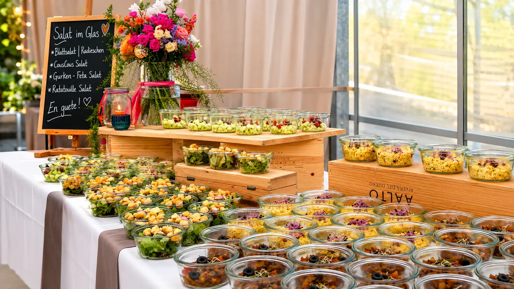 Buffet mit vielen Salatgläschen auf Holzstufen, daneben eine Kreidetafel mit der Salatauswahl und ein Blumenstrauss