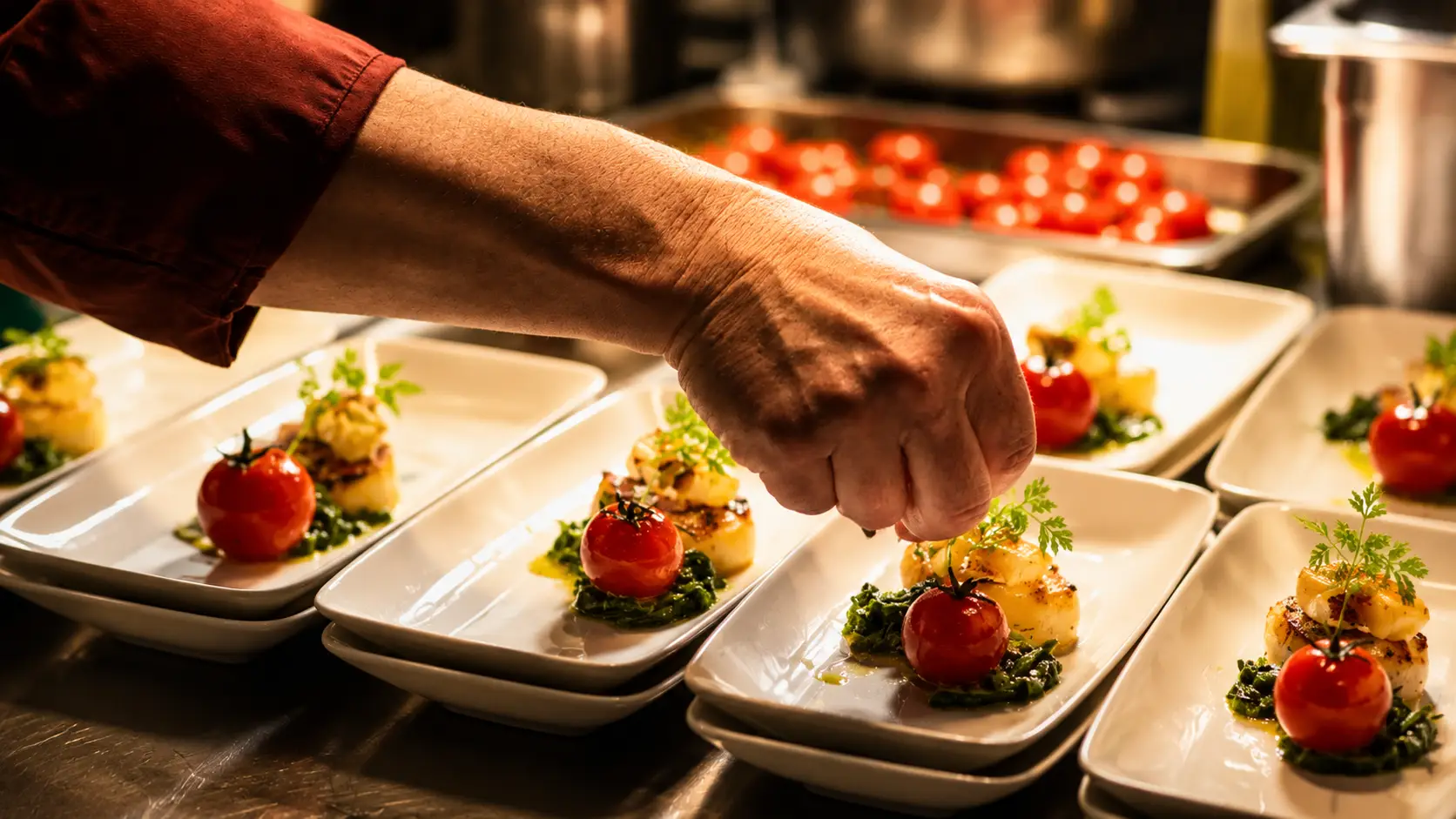 Hand garniert in der Küche eine Reihe Vorspeisenteller mit Cherrytomate und Kräutern