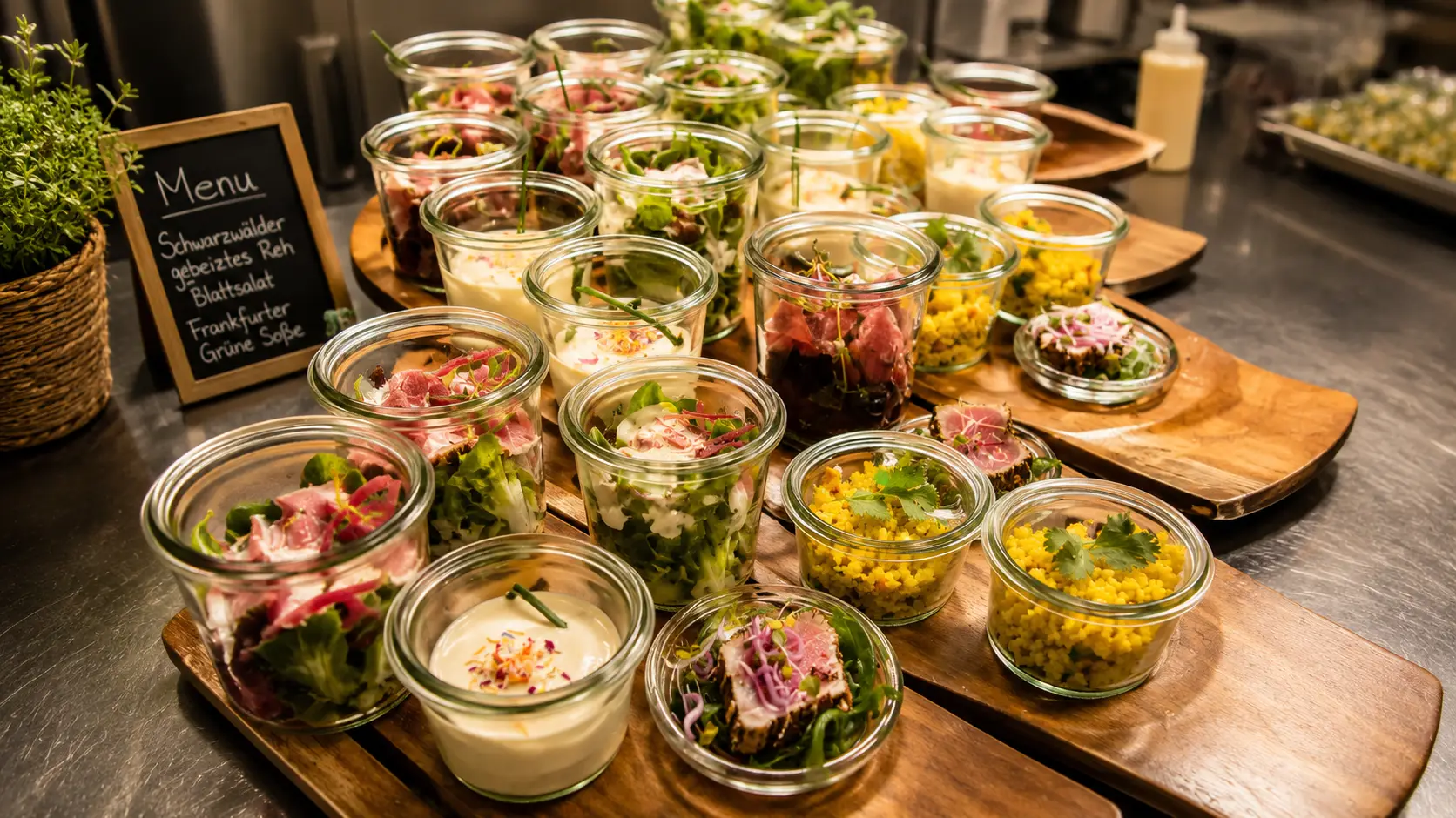 Holzbretter mit Gläsern voller Salate, Cremes und Gemüse, daneben eine kleine Kreidetafel mit dem handgeschriebenen Menü