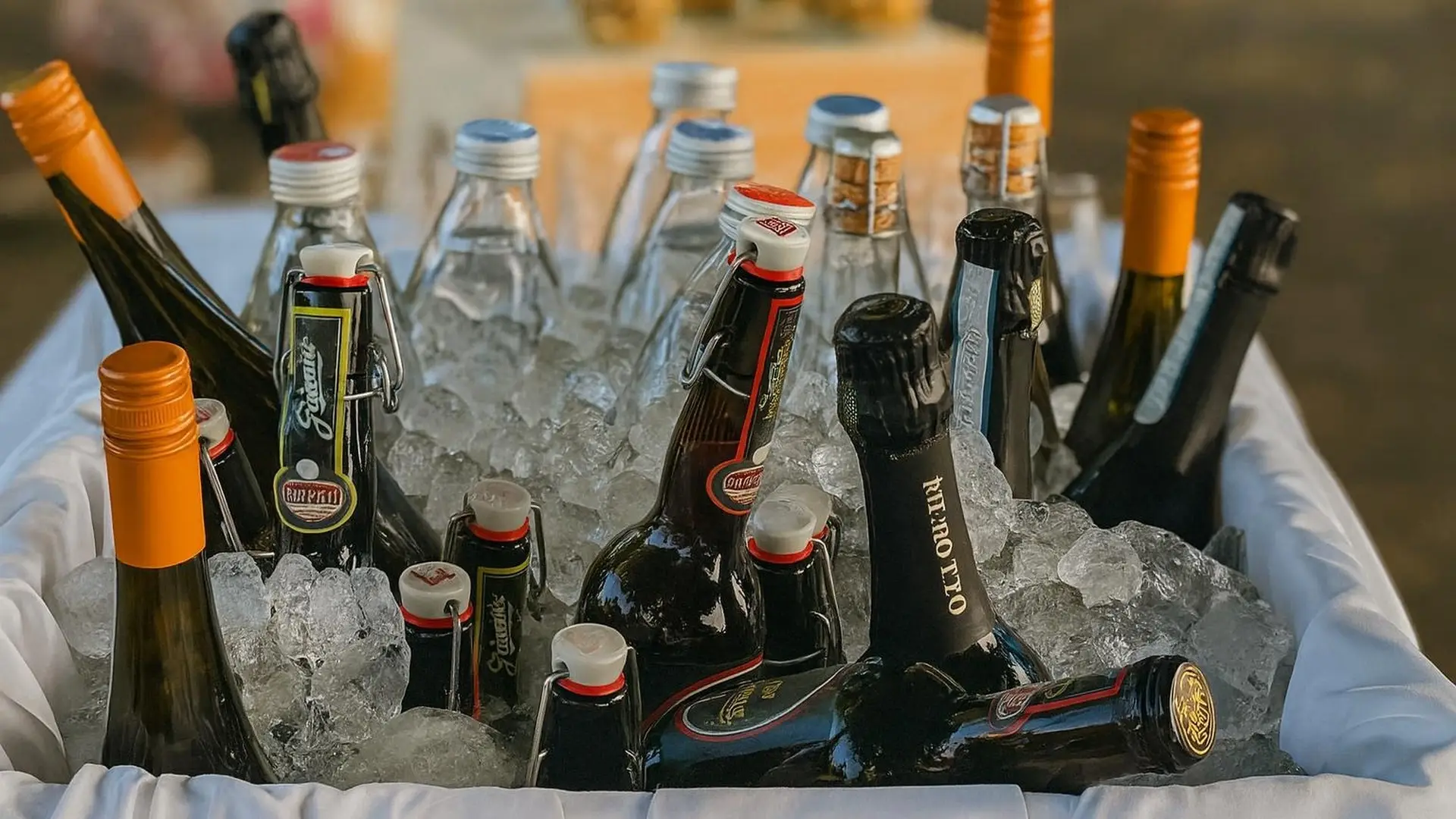 Nahaufnahme einer Eiswanne mit gekühlten Flaschen Weisswein, Schaumwein und Mineralwasser