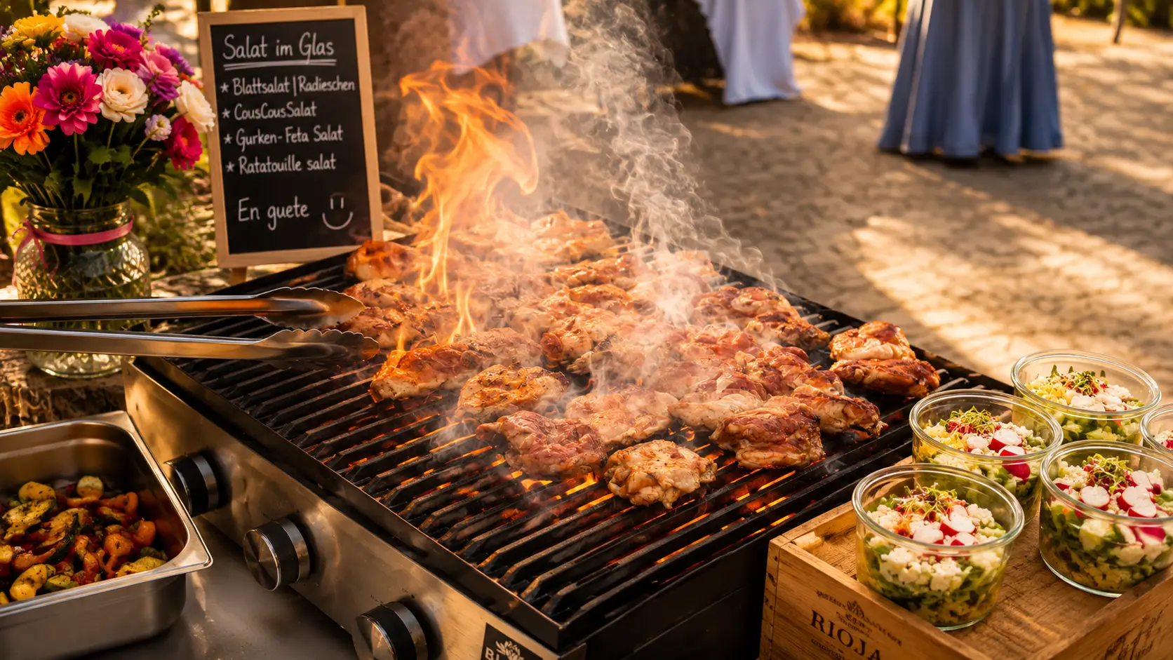 Grill mit hoher Flamme und Fleisch auf dem Rost, daneben eine Kreidetafel mit der Salatauswahl, Blumen und Salatgläschen