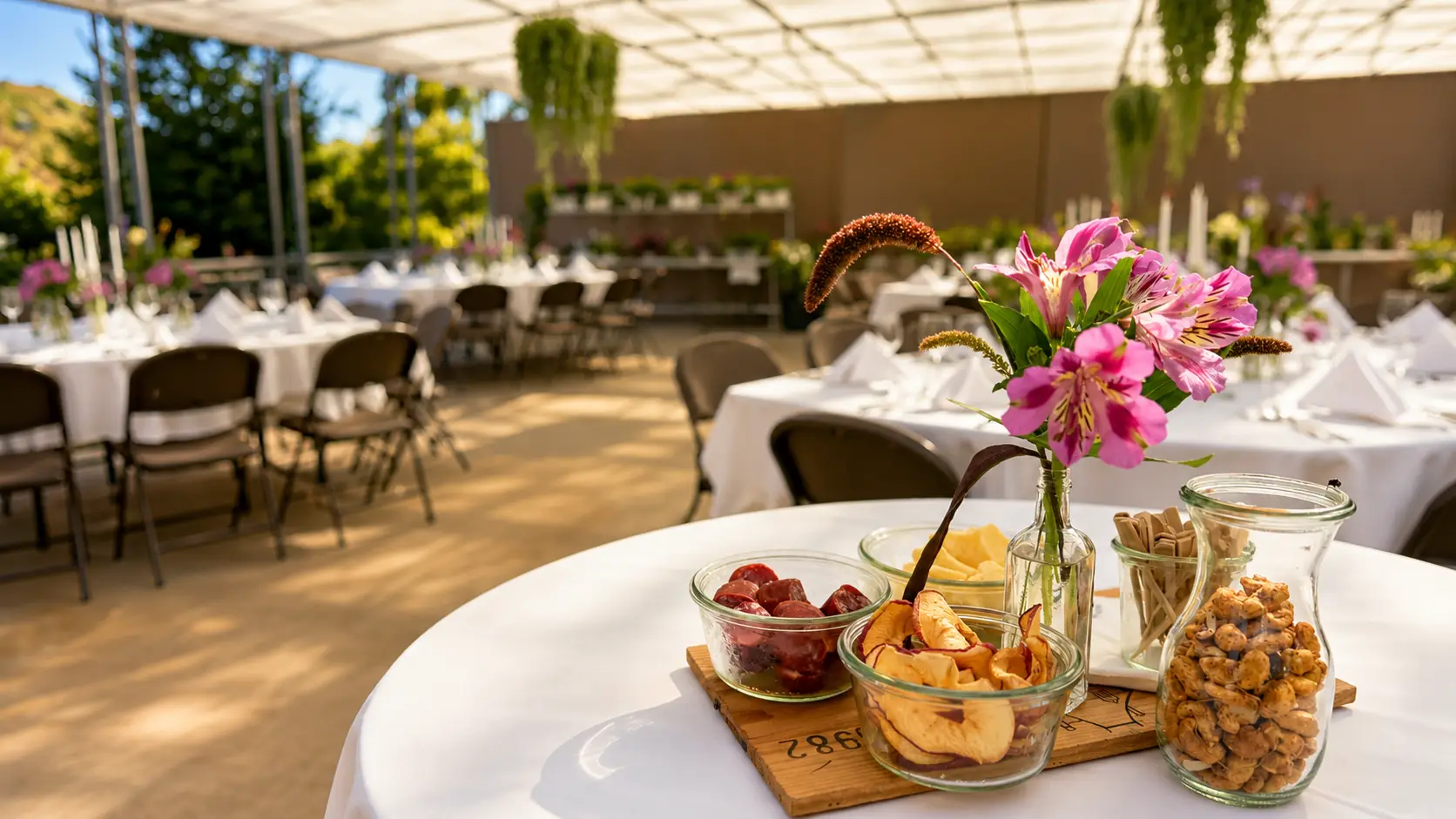 Runder Tisch mit Blumenstrauss und Gläsern voller Trauben, Käse und Nüssen, dahinter gedeckte Tische in einem hellen Wintergarten