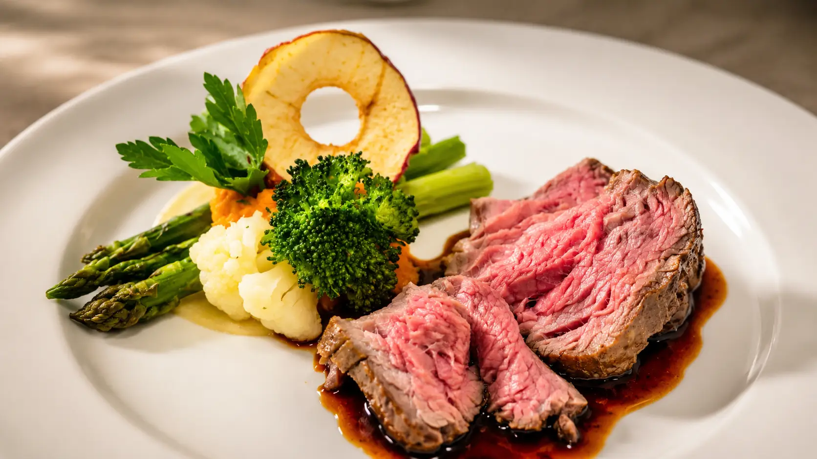 Rosa tranchierter Rindsbraten mit dunklem Jus auf weissem Teller, dazu grüner Spargel, Blumenkohl, Broccoli und ein Apfelring