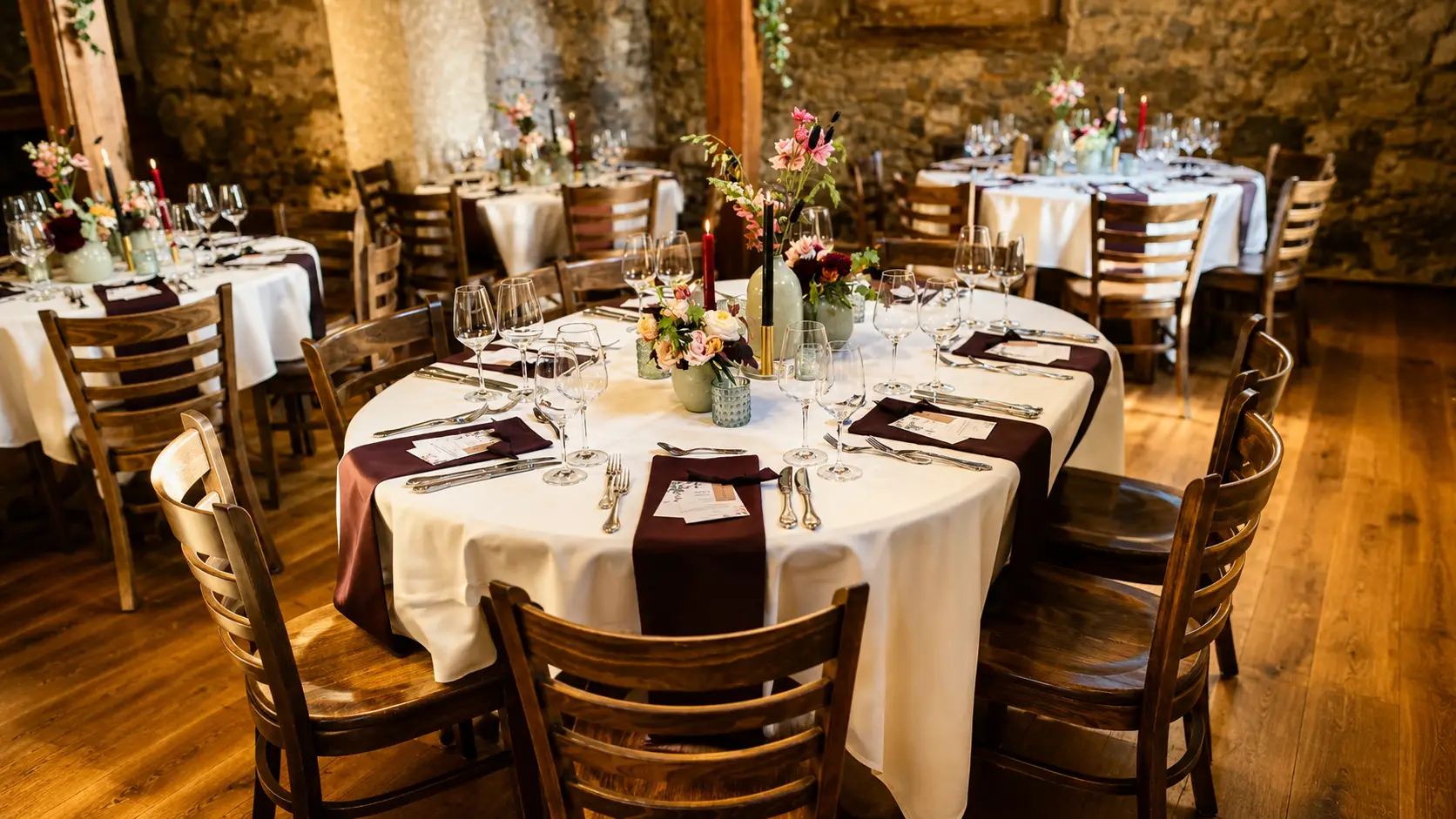 Runder eingedeckter Tisch mit beerenfarbenen Läufern, Servietten, Weingläsern und Blumenschmuck in einem Saal mit Bruchsteinwand