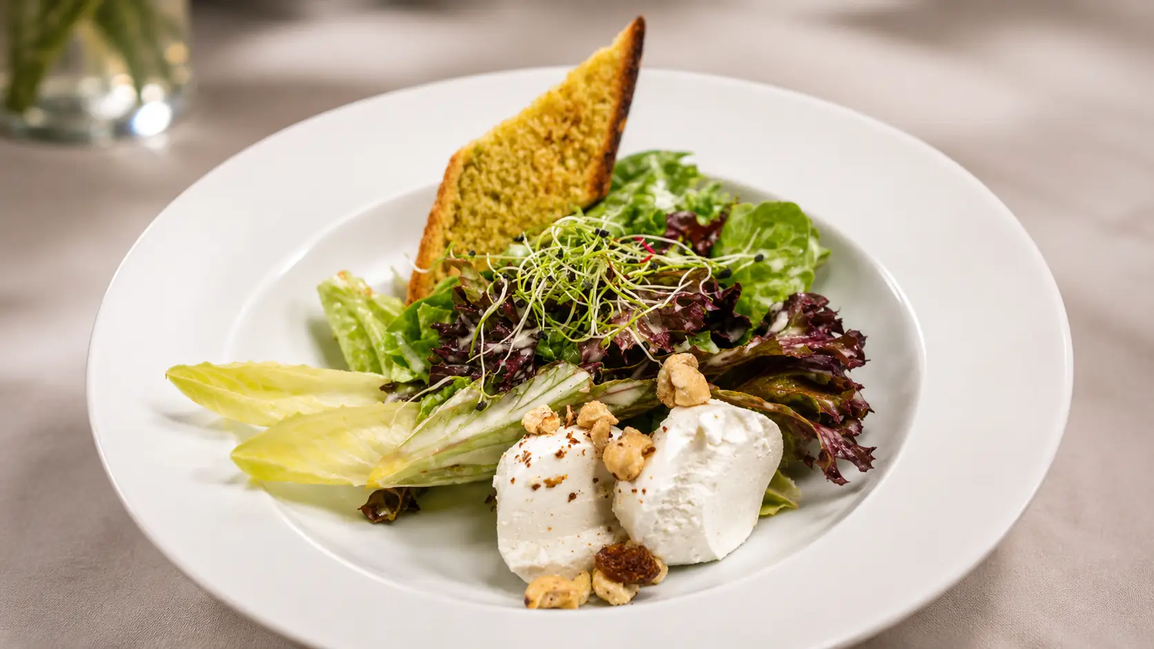 Weisser Teller mit Blattsalat, Chicorée, Ziegenkäse, Croûtons, Sprossen und einer Ecke Kräuterbrot