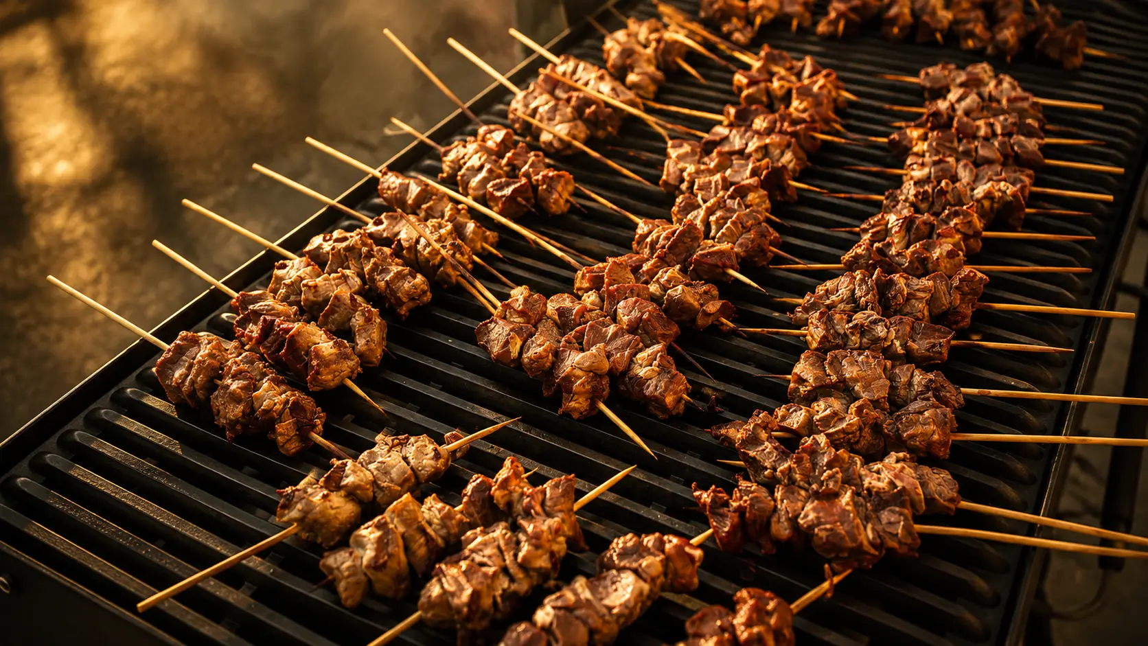 Dicht gelegte Fleischspiesse mit gebräunter Kruste auf dem Grillrost