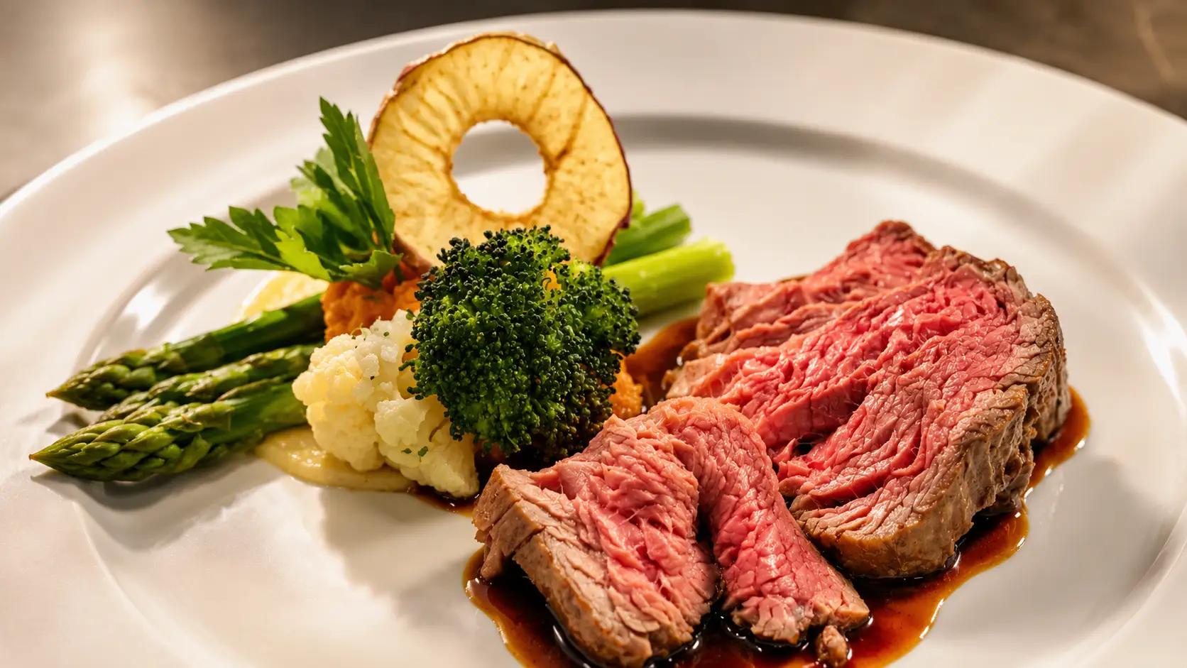 Rosa tranchierter Rindsbraten mit dunklem Jus auf weissem Teller, dazu grüner Spargel, Blumenkohl, Broccoli und ein Apfelring