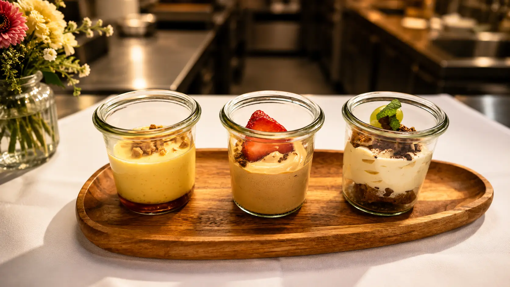 Drei Dessertgläschen auf einem ovalen Holzbrett: Creme mit Nüssen, Creme mit Erdbeere und ein geschichtetes Dessert mit Minze