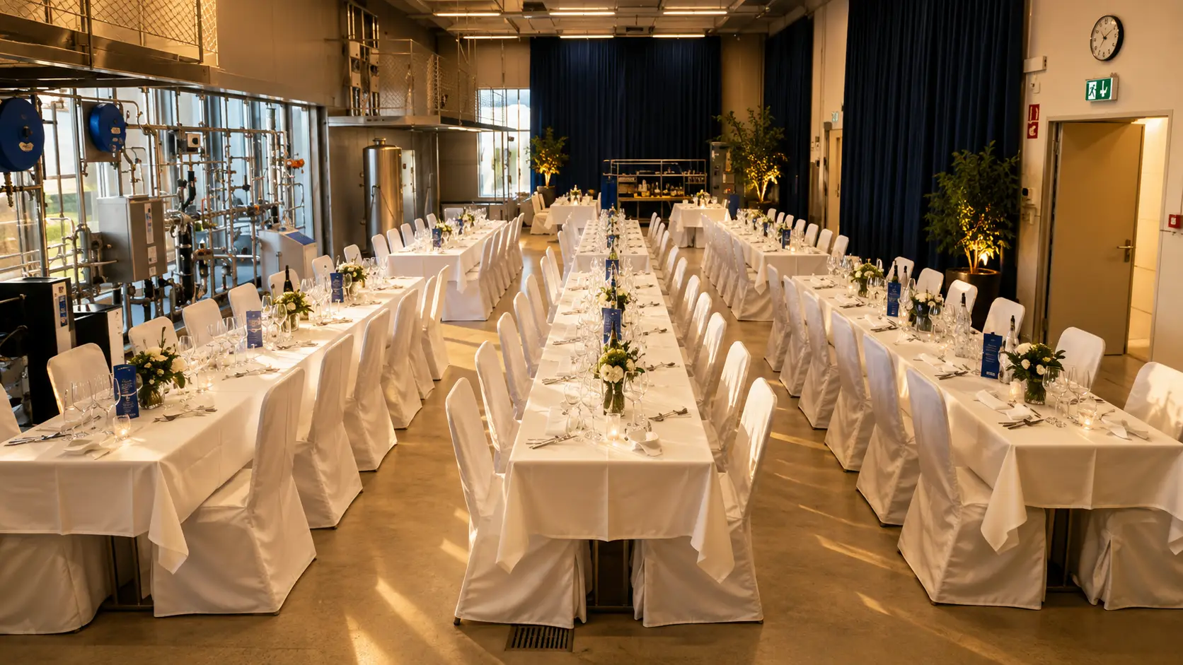 Grosser heller Saal mit mehreren langen, weiss eingedeckten Tafeln, weissen Stuhlhussen und kleinen Blumenvasen