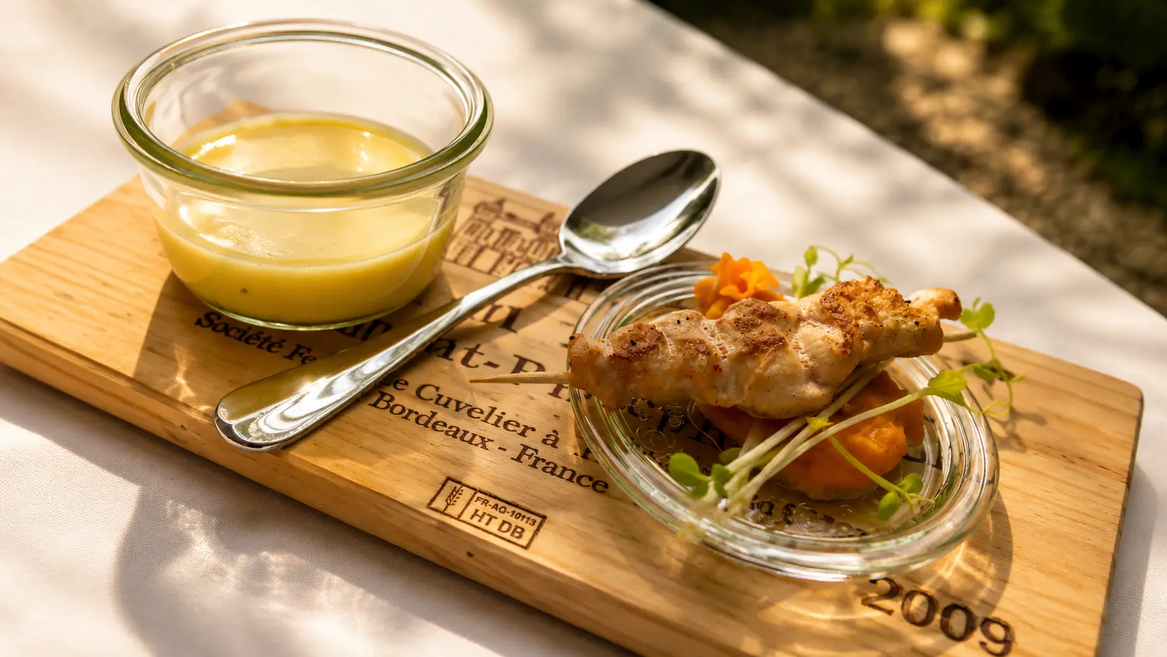 Servierbrett aus einem Weinkisten-Deckel mit einem Glas heller Suppe, Löffel und einem Häppchen mit Spiess und Kräutern