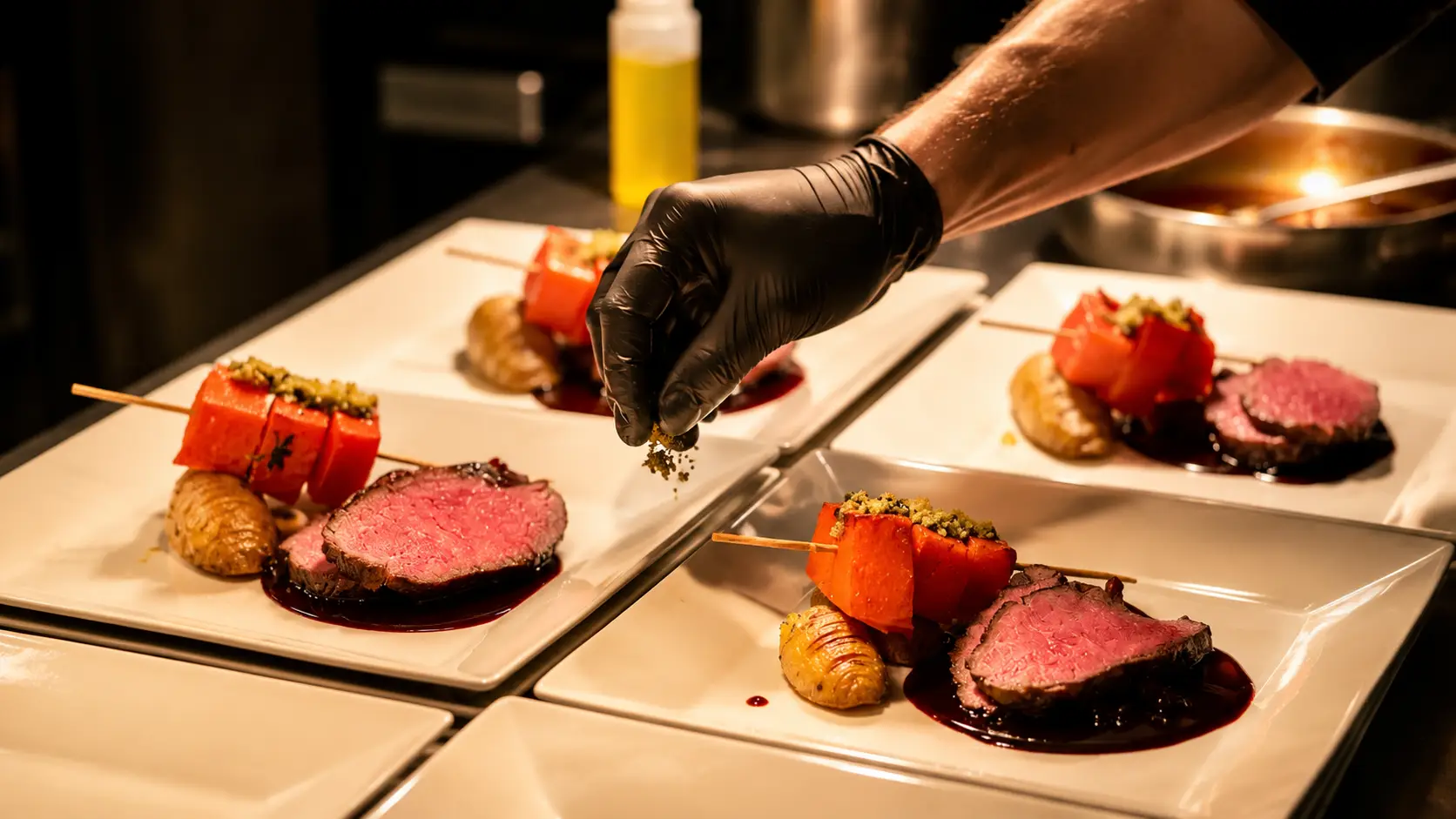 Hand mit schwarzem Handschuh garniert Teller mit rosa gebratenem Rindsfilet, gefüllter Tomate, Kartoffel und dunklem Jus
